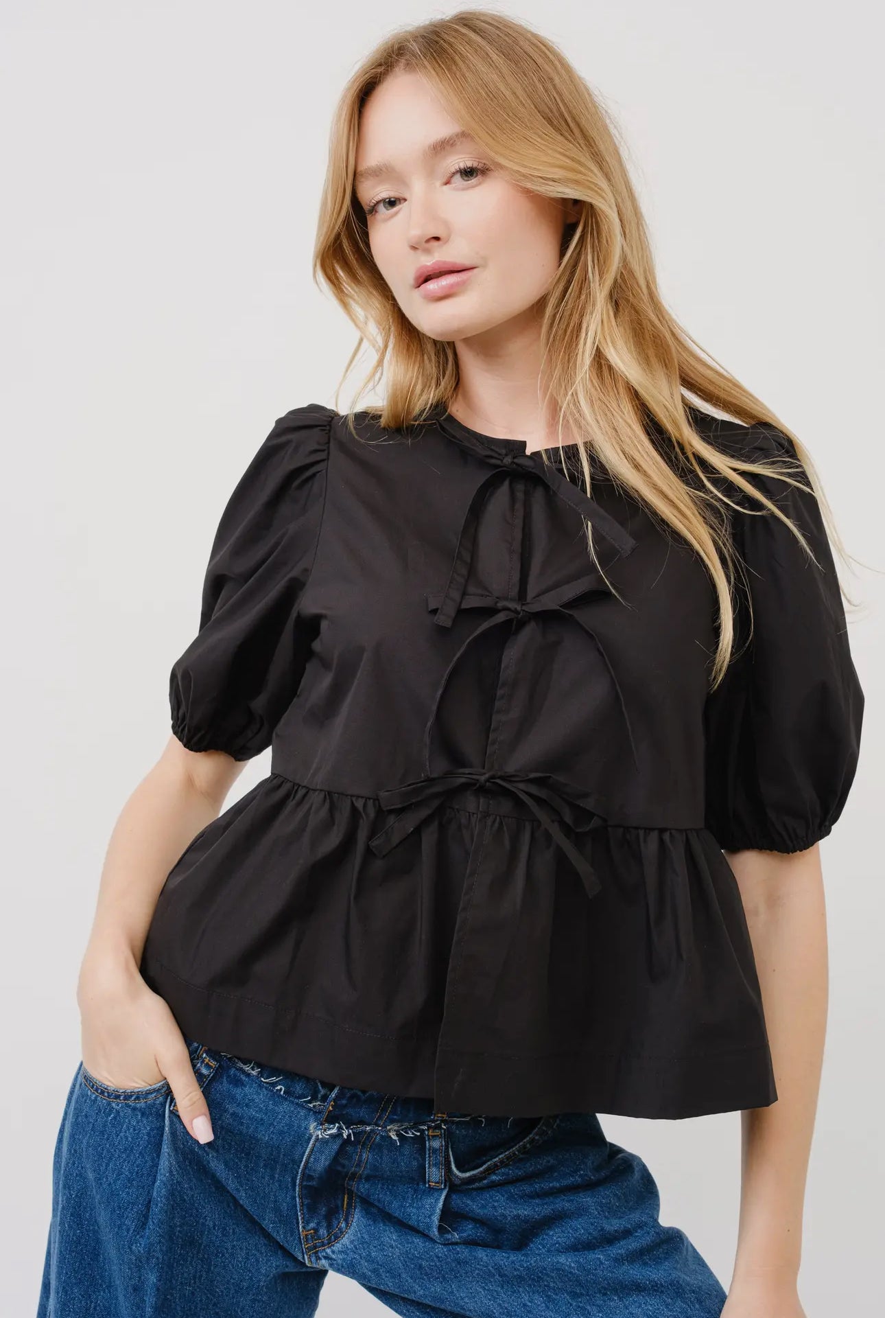 Poplin Front Bow Tie Blouse