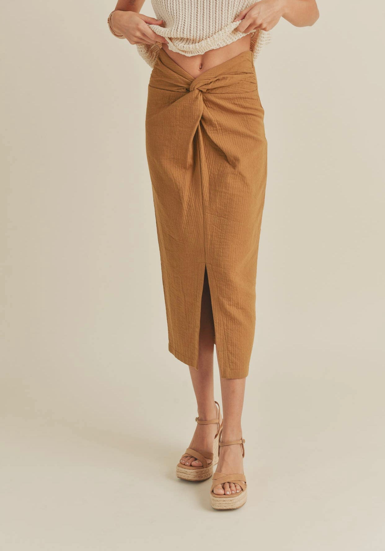 Textured Fabric Twist Slit Skirt
