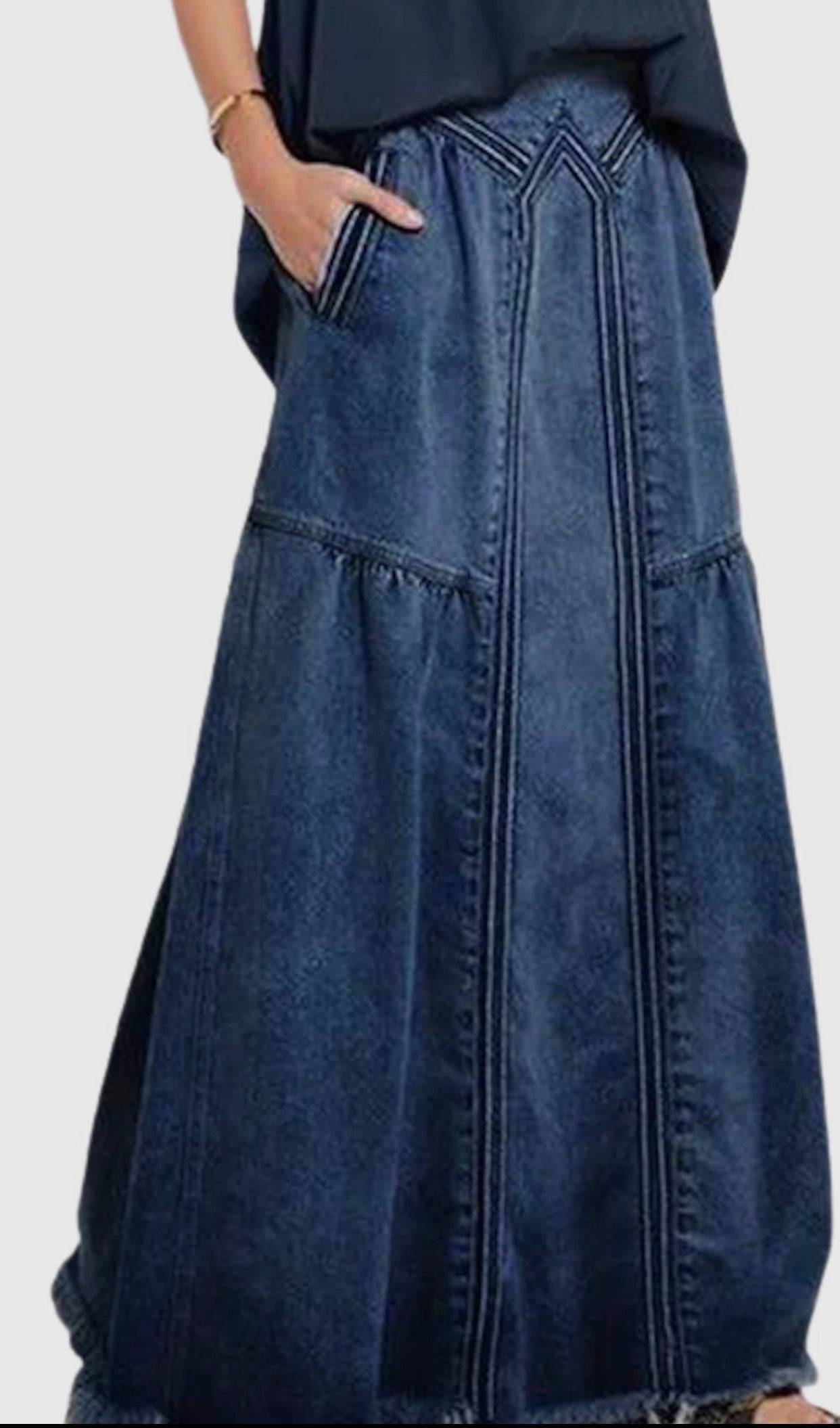 Maxi Denim Skirt Frayed Edges