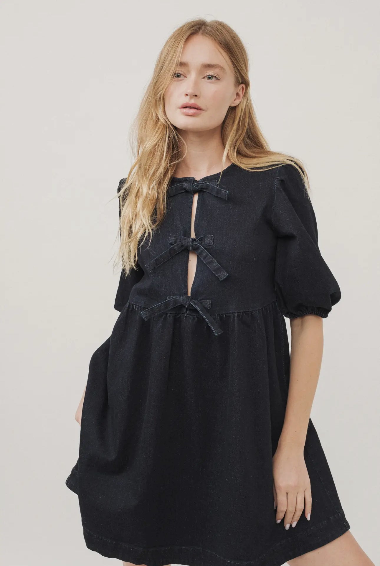 Babydoll Ribbon Tie Denim Dress