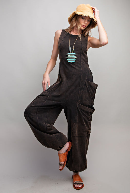 Sleeveless Washed Cargo Jumpsuit