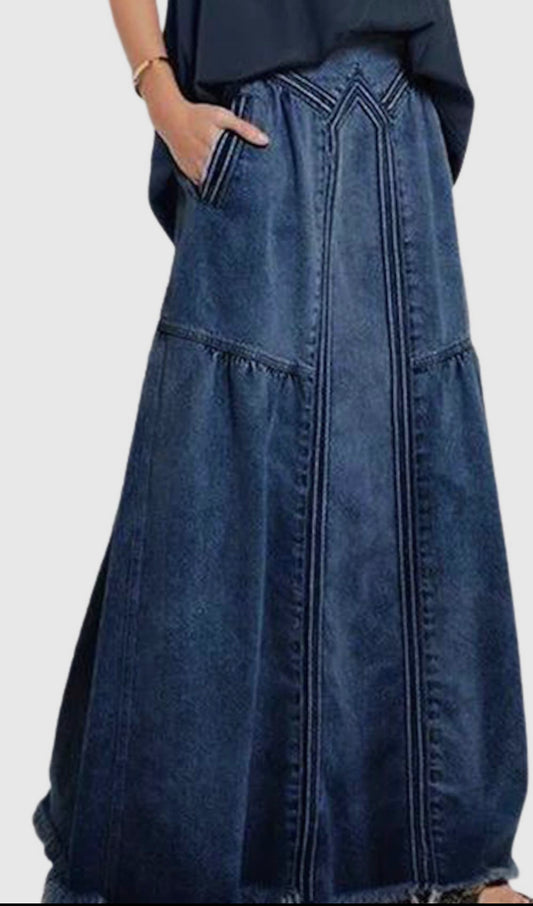 Maxi Denim Skirt Frayed Edges