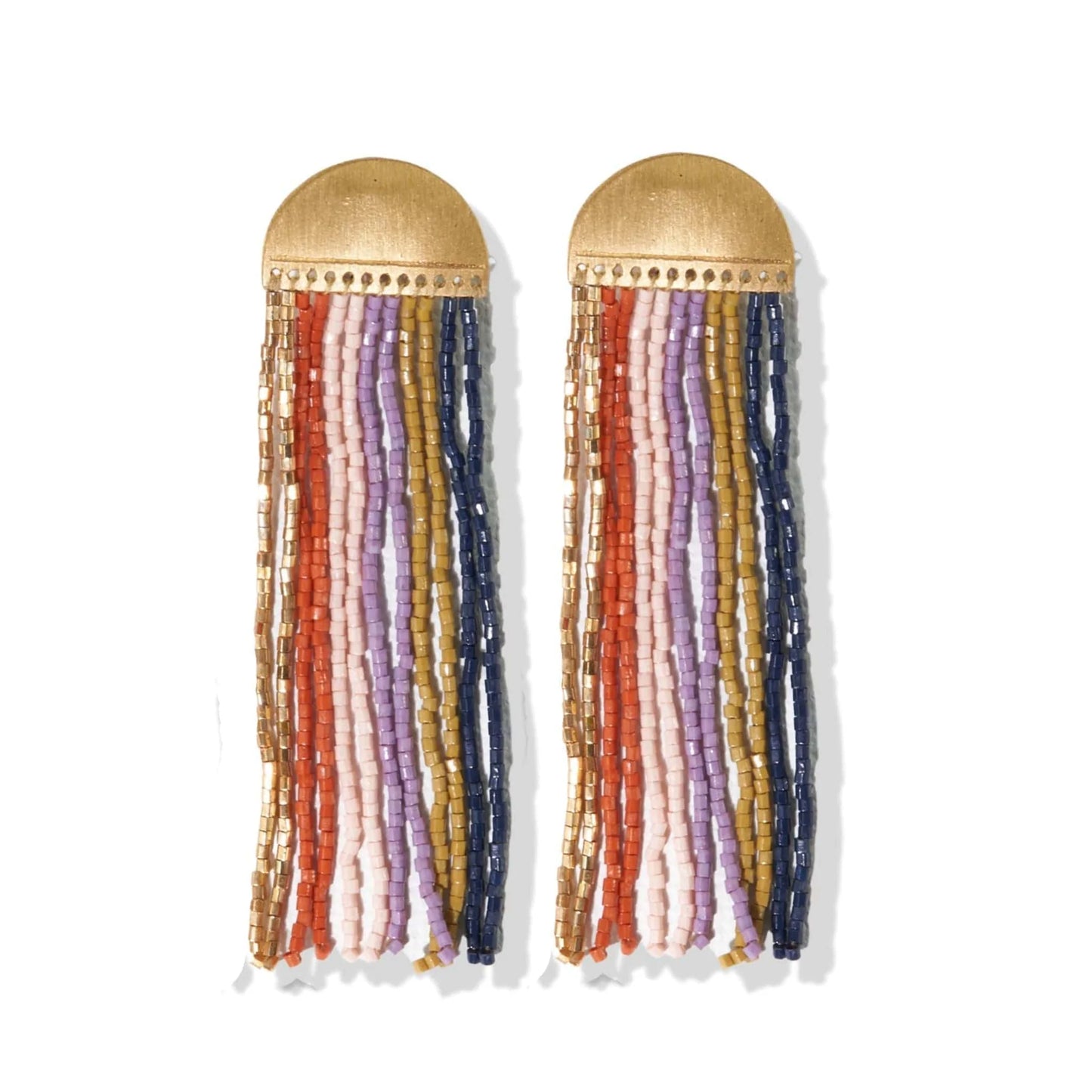 Lilac Stripe Fringe Beads Brass Half Circle Post Earrings