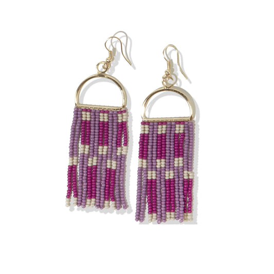 Lilac Maroon Ivory Check on Arch Bead Earrings